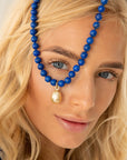 Golden South Sea Pearl and Lapis Lazuli Necklace 14K Yellow Gold Marina Pearls