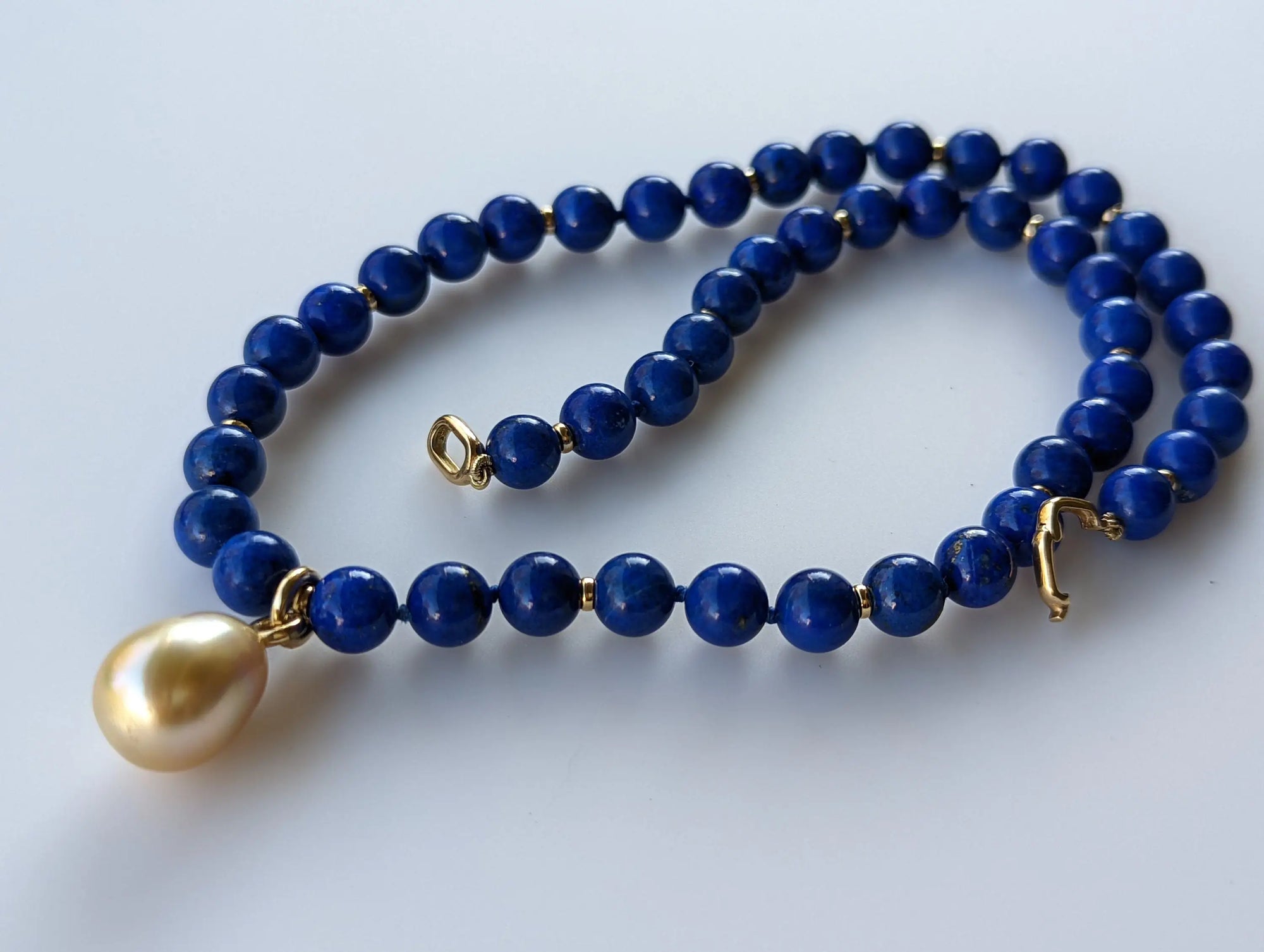 Golden South Sea Pearl and Lapis Lazuli Necklace 14K Yellow Gold Marina Pearls