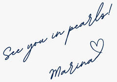 Handwritten note about Marina Korneev mission and our love for black pearl earrings.