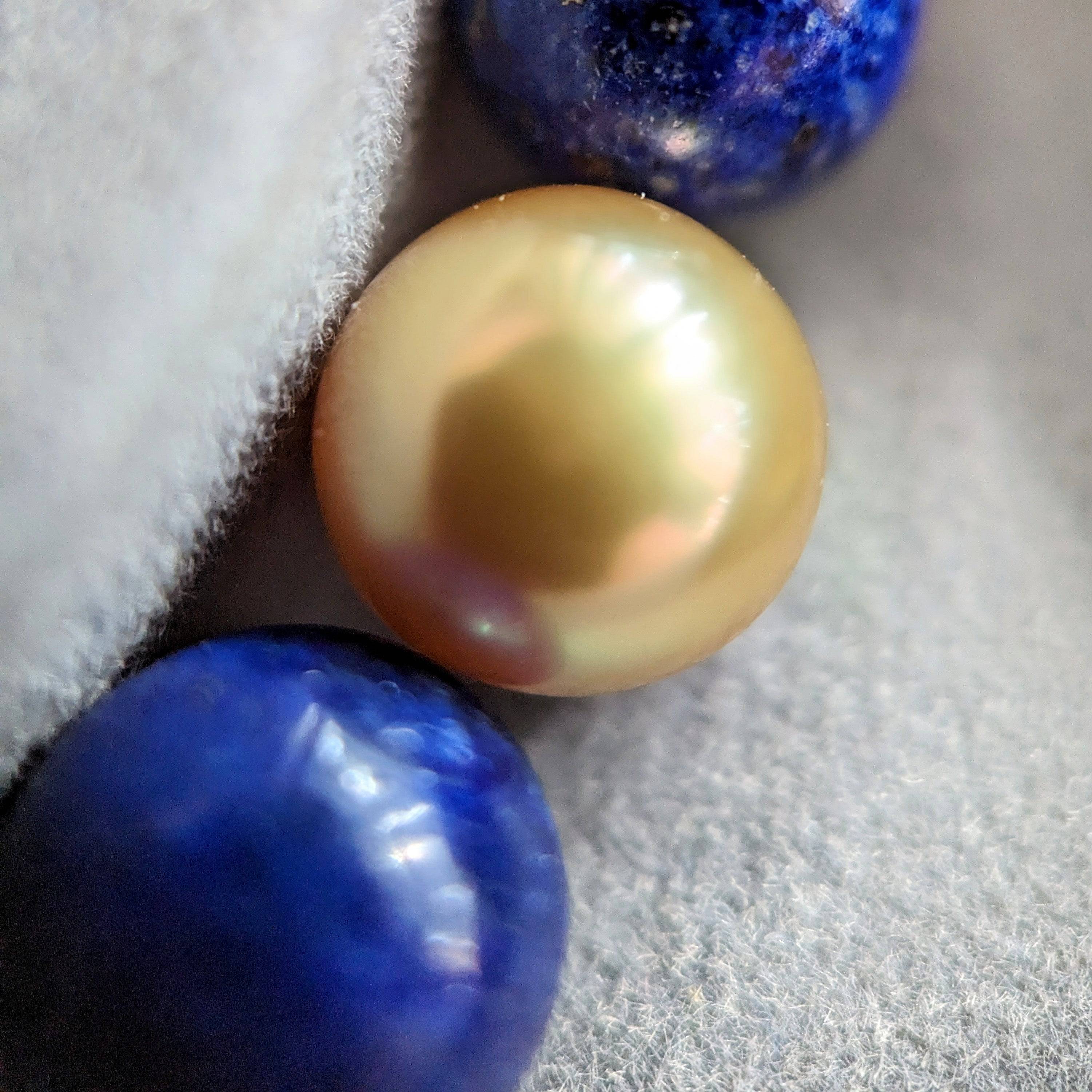 10-11mm Golden South Sea Pearl Lapis Lazuli Stretch Bracelet - Marina Korneev Fine Pearls