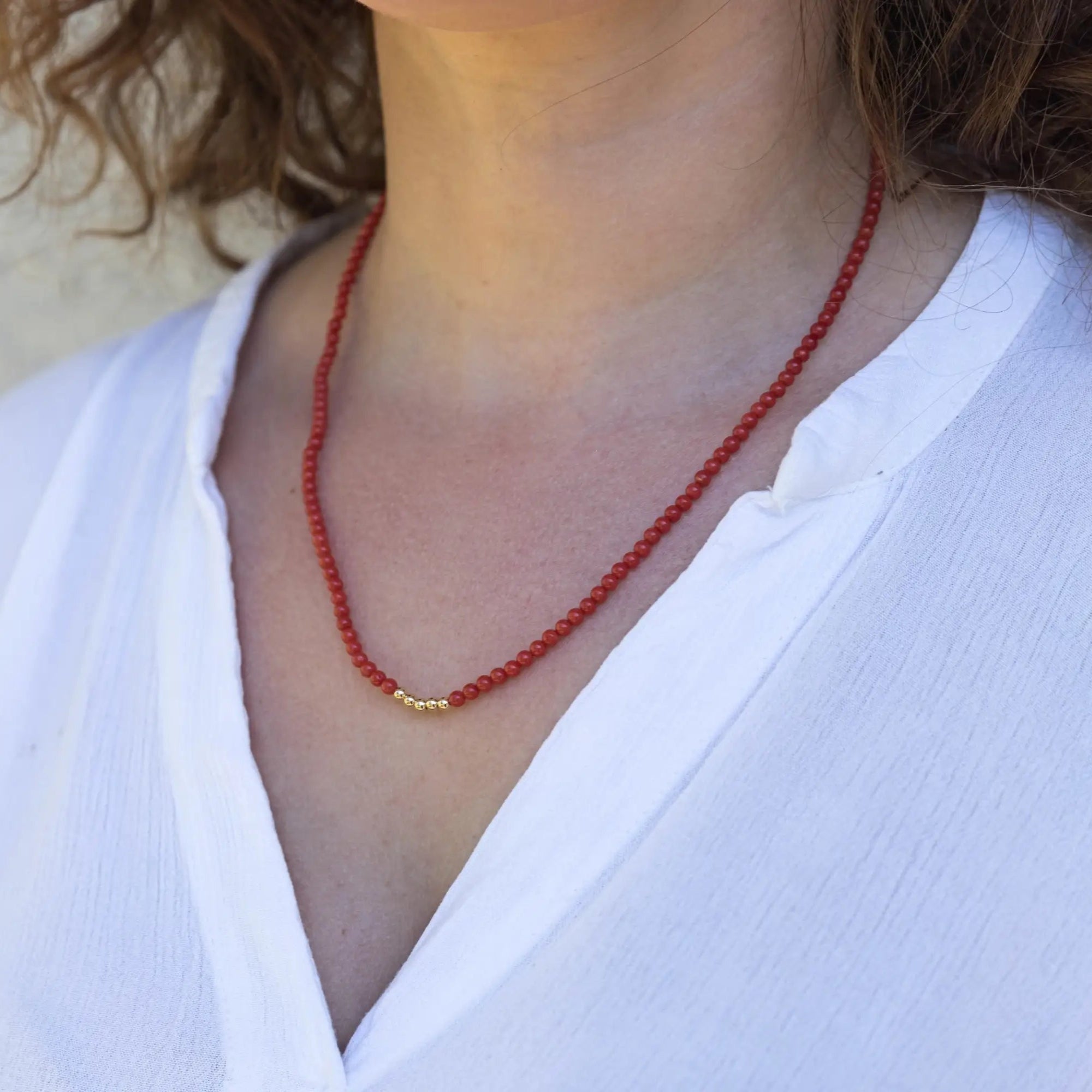 Mediterranean Coral and 14K Gold Beads Necklace - Marina Pearls