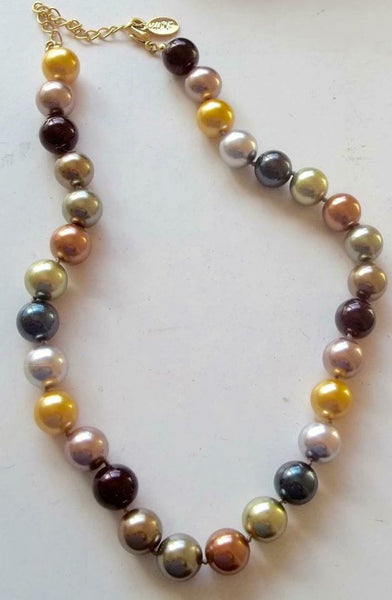 Pearl necklace with multicolored beads and gold-toned clasp, featuring Majorica Pearls.