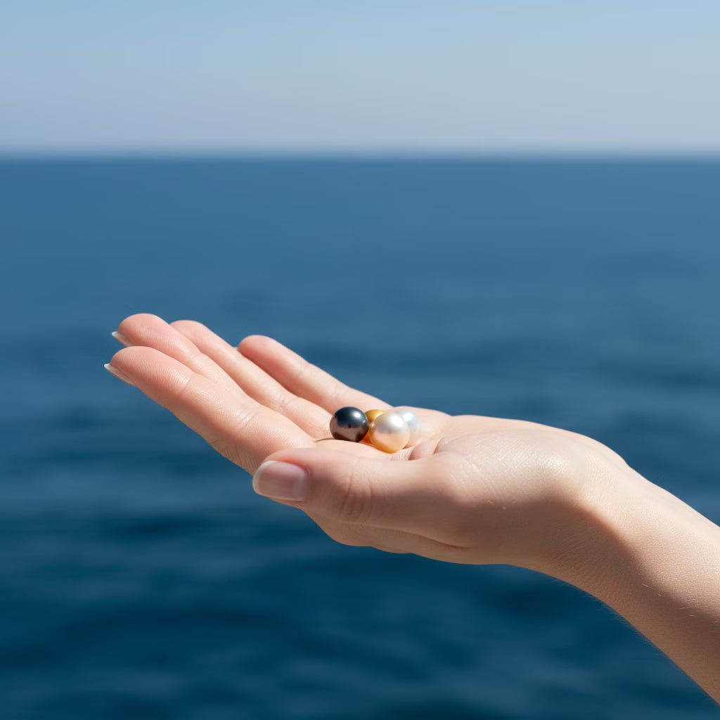 Hand holding two pearls against a blue ocean background