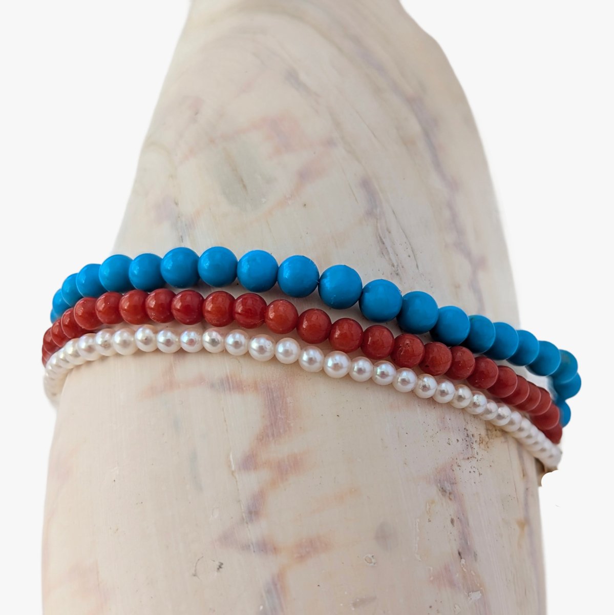 &#39;Red, White, and Blue&#39; Akoya Pearl, Coral, and Turquoise Three Tier Bracelet - Marina Korneev
