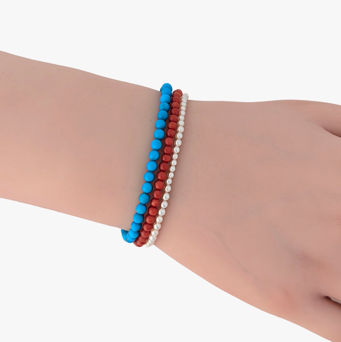 &#39;Red, White, and Blue&#39; Akoya Pearl, Coral, and Turquoise Three Tier Bracelet - Marina Korneev