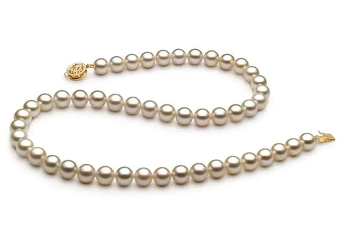 Strand of silvery-white pearls with a gold clasp for purchasing pearls and evaluating pearl quality.