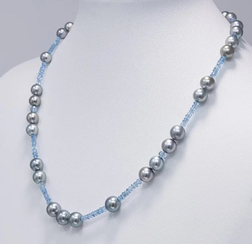 Tahitian Pearl with Natural Aquamarine Necklace Chain Marina Pearls