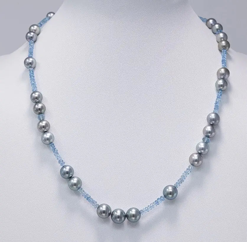 Tahitian Pearl with Natural Aquamarine Necklace Chain Marina Pearls