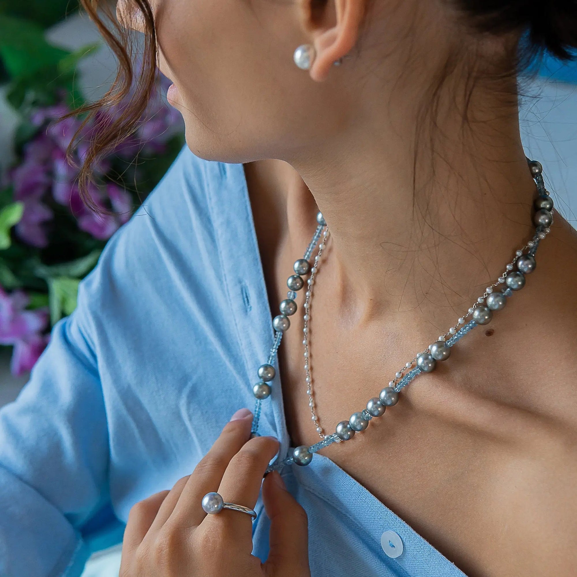 Tahitian Pearl with Natural Aquamarine Necklace Chain Marina Pearls