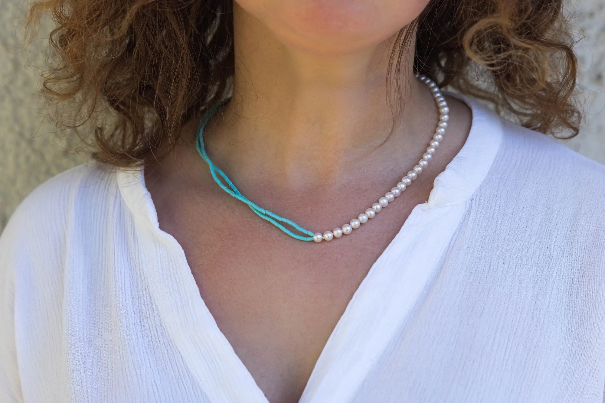 White Freshwater Pearls Half and Half Kingman Turquoise Necklace Marina Pearls