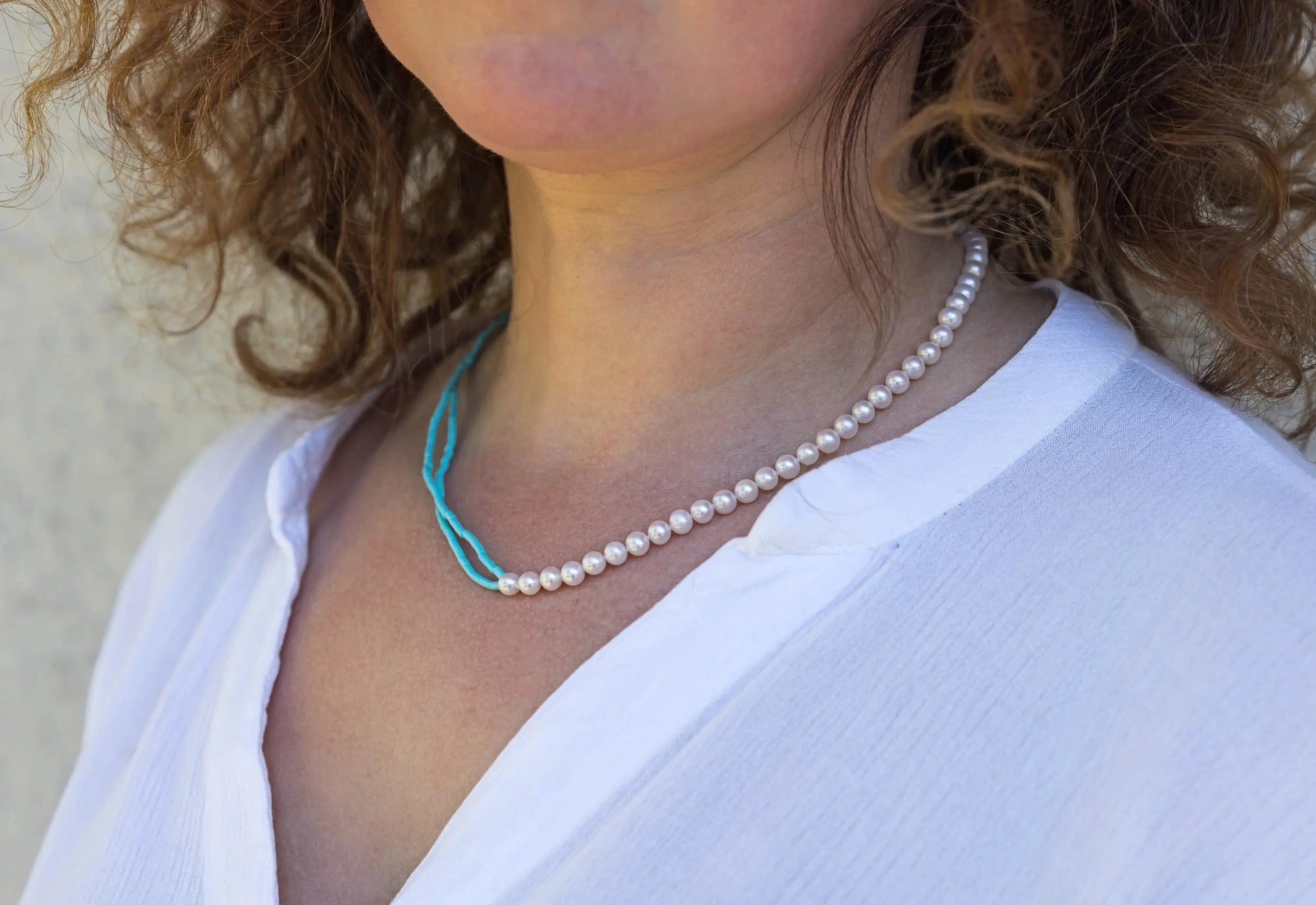 White Freshwater Pearls Half and Half Kingman Turquoise Necklace Marina Pearls