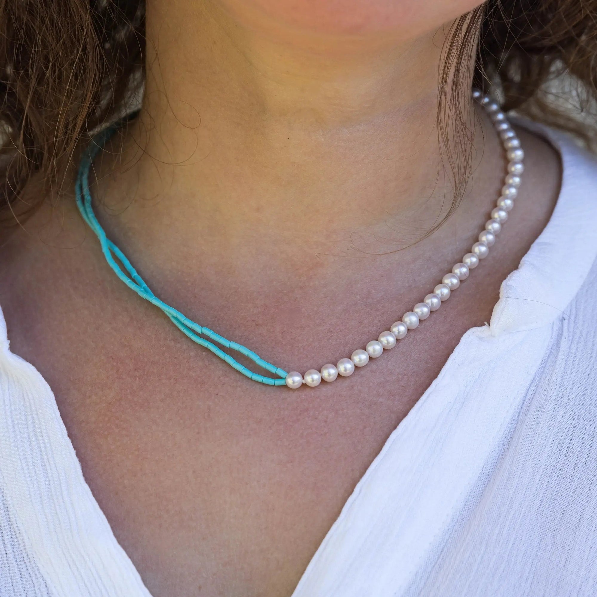 White Freshwater Pearls Half and Half Kingman Turquoise Necklace Marina Pearls