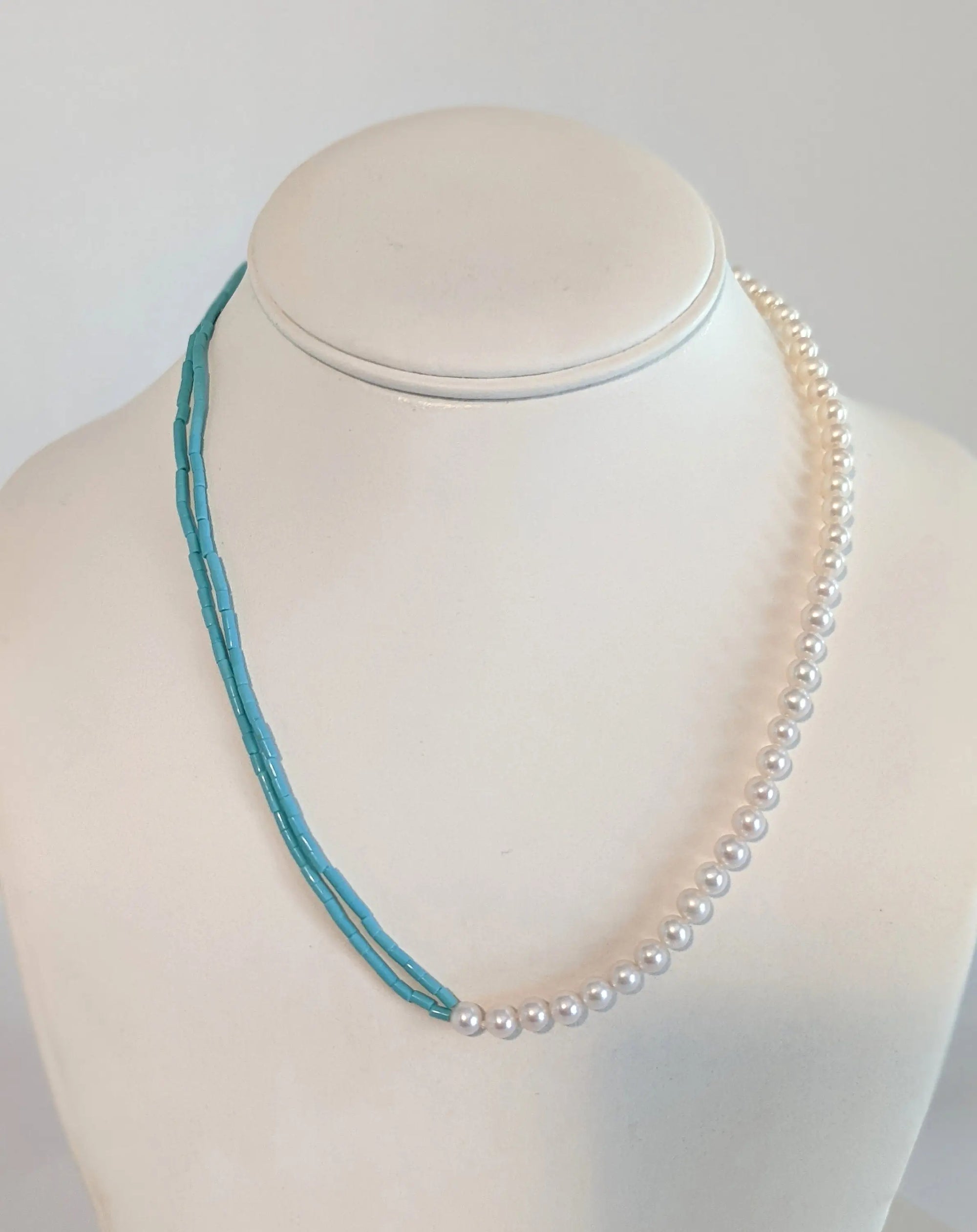 White Freshwater Pearls Half and Half Kingman Turquoise Necklace Marina Pearls