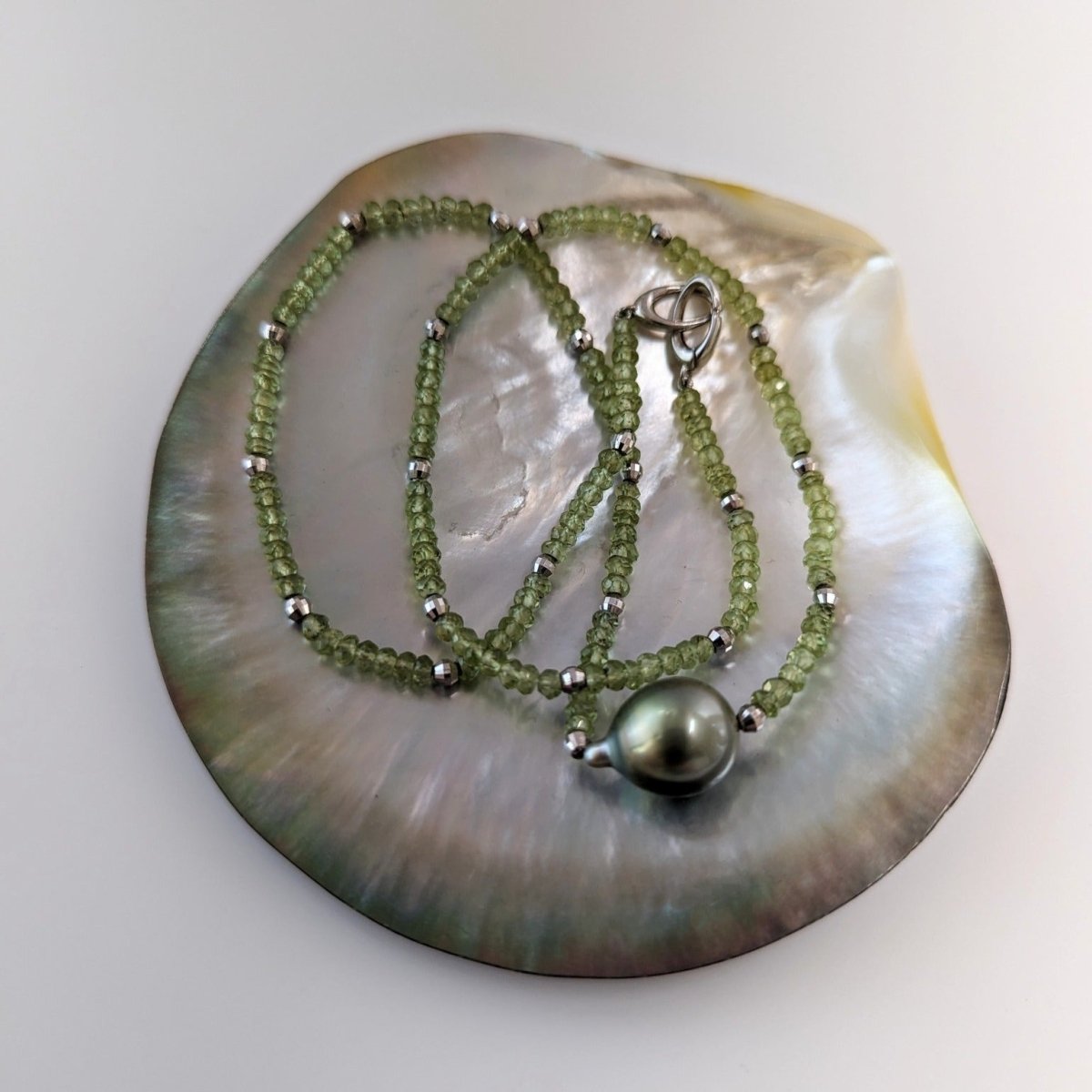 Pearl and peridot necklace - Two color thin necklace - Rice pearl - Ruby  Lane