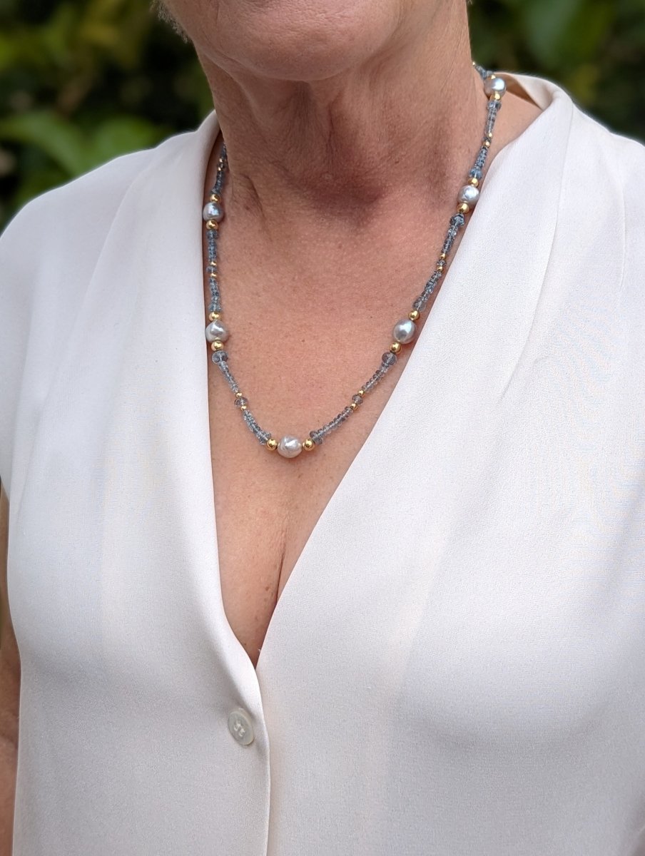 9.0-10.5mm Blue Baroque Akoya Pearl and Aquamarine Necklace - Marina Korneev Fine Pearls