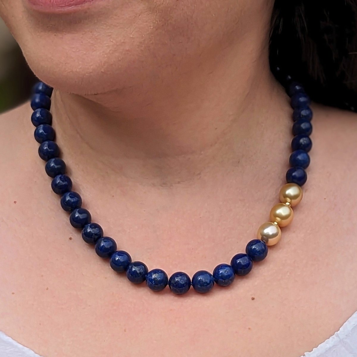 11-12mm Golden South Sea Pearl and Lapis Lazuli Necklace - Marina Korneev Fine Pearls