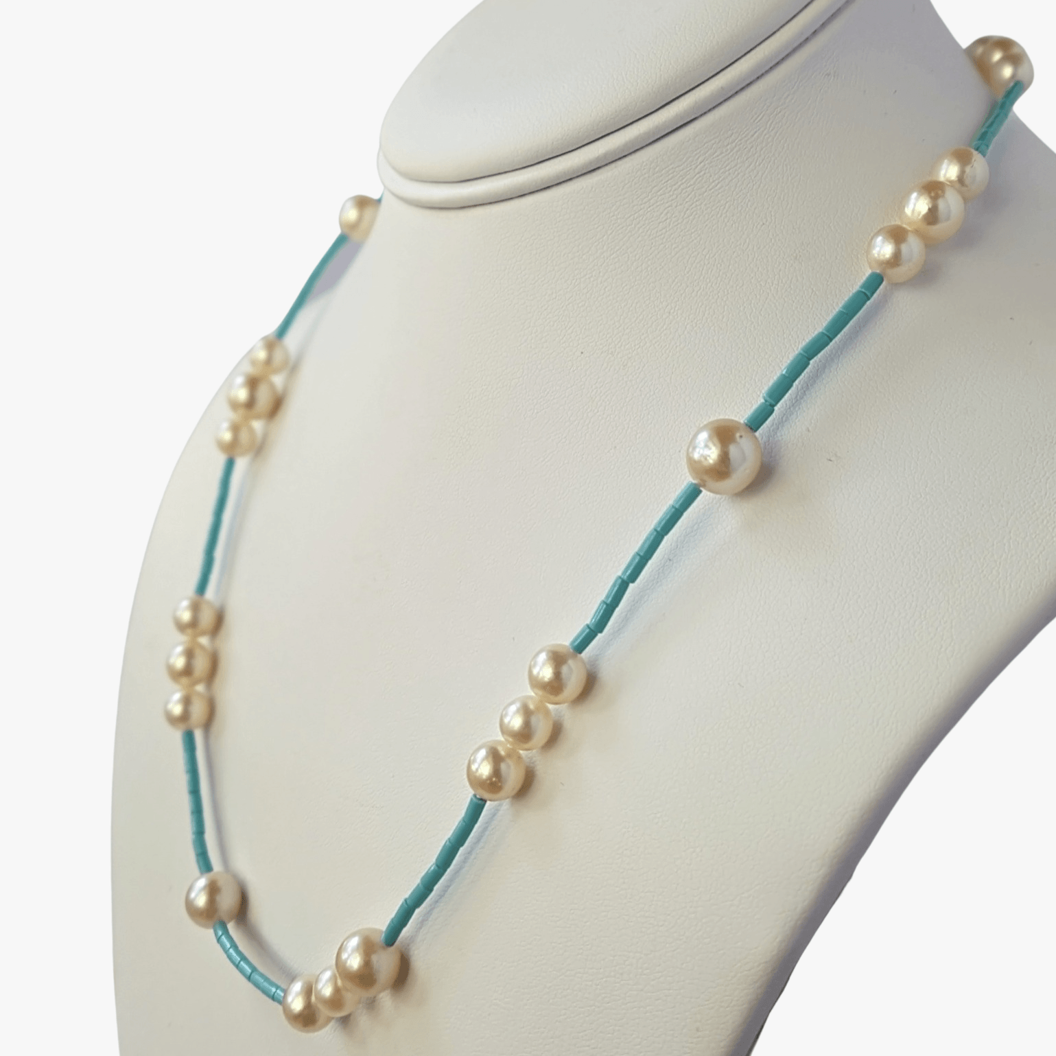 6.5-8.5mm Cream Akoya Pearls and Turquoise Necklace - Marina Korneev Fine Pearls