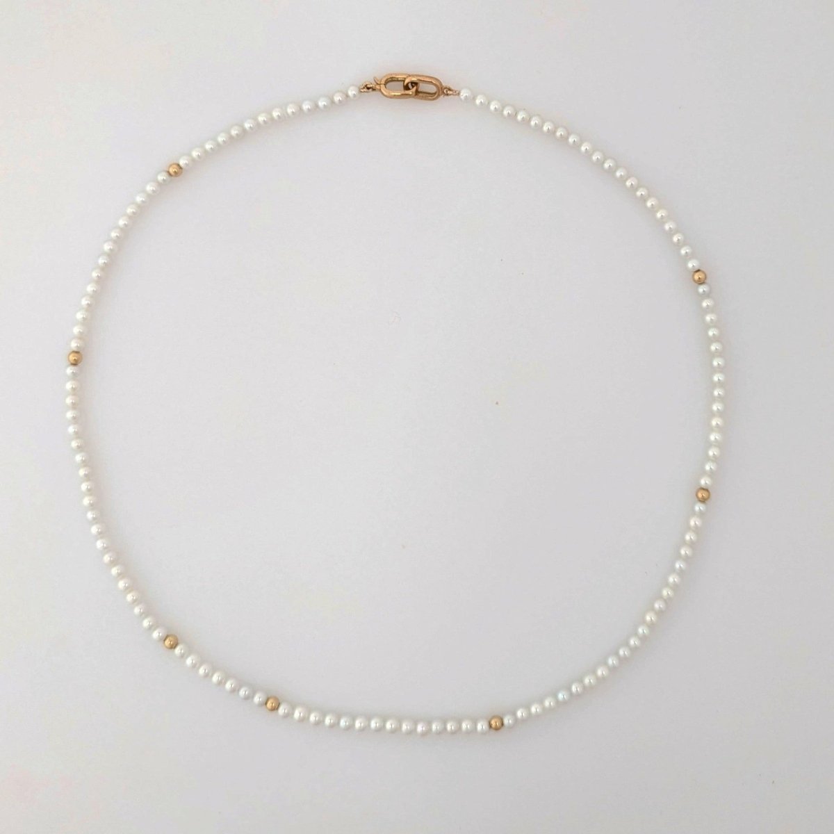 White Seed Bead Nucleated Freshwater Pearl Necklace w/Gold Beads - Marina Korneev Fine Pearls